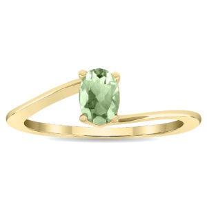 Women's Solitaire Oval Shaped Green Amethyst Wave Ring in 10K Yellow Gold- GRG61129GA