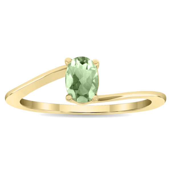 Women's Solitaire Oval Shaped Green Amethyst Wave Ring in 10K Yellow Gold- GRG61129GA