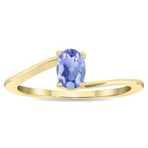 Women's Solitaire Oval Shaped Tanzanite Wave Ring in 10K Yellow Gold- GRG61129TZ