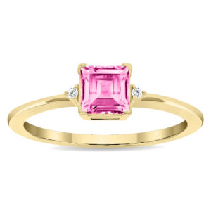 Women's Square Shaped Pink Topaz and Diamond Classic Ring in 10K Yellow Gold- GRG61132PZ