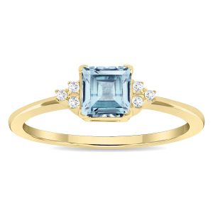 Women's Square Shaped Aquamarine and Diamond Half Moon Ring in 10K Yellow Gold- GRG61133AQ