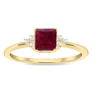 Women's Square Shaped Ruby and Diamond Half Moon Ring in 10K Yellow Gold- GRG61133RB
