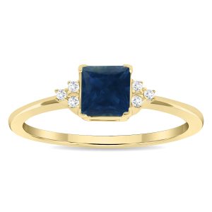 Women's Square Shaped Sapphire and Diamond Half Moon Ring in 10K Yellow Gold- GRG61133SP