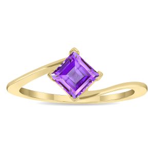 Women's Solitaire Square Shaped Amethyst Wave Ring in 10K Yellow Gold- GRG61134AM
