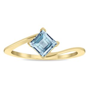 Women's Solitaire Square Shaped Aquamarine Wave Ring in 10K Yellow Gold- GRG61134AQ