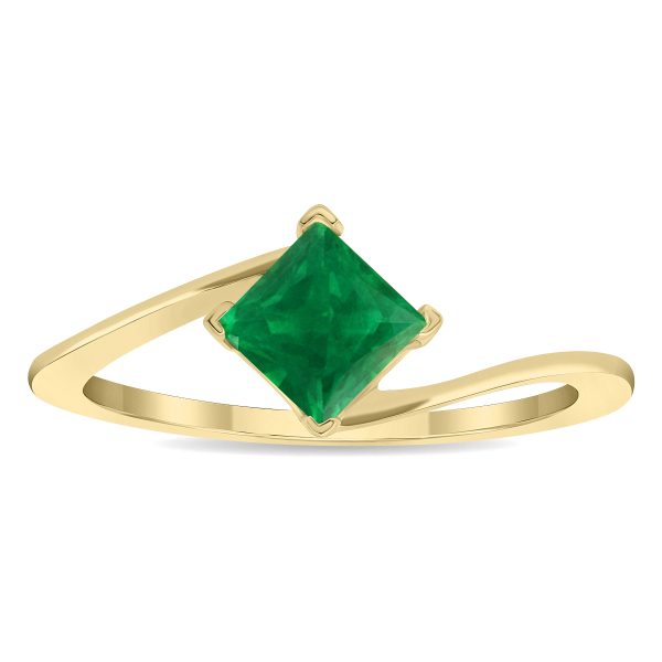 Women's Solitaire Square Shaped Emerald Wave Ring in 10K Yellow Gold- GRG61134EM