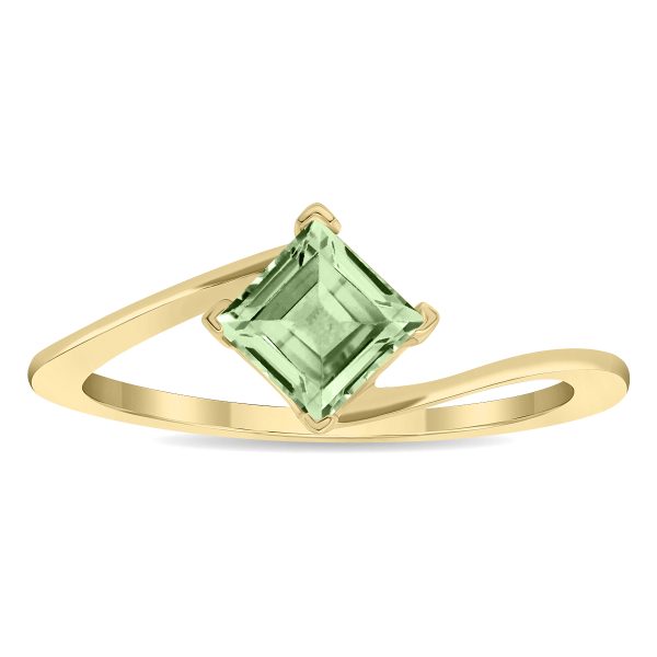 Women's Solitaire Square Shaped Green Amethyst Wave Ring in 10K Yellow Gold- GRG61134GA