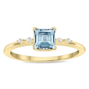 Women's Square Shaped Aquamarine and Diamond Sparkle Ring in 10K Yellow Gold- GRG61135AQ