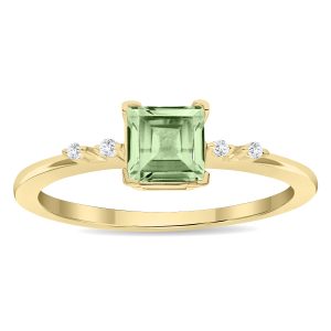 Women's Square Shaped Green Amethyst and Diamond Sparkle Ring in 10K Yellow Gold- GRG61135GA