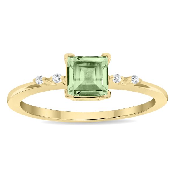 Women's Square Shaped Green Amethyst and Diamond Sparkle Ring in 10K Yellow Gold- GRG61135GA
