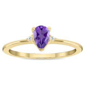 Women's Pear Shaped Amethyst and Diamond Classic Ring in 10K Yellow Gold- GRG61136AM