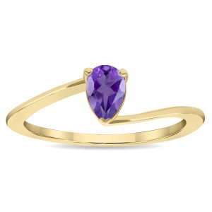 Women's Solitaire Pear Shaped Amethyst Wave Ring in 10K Yellow Gold- GRG61137AM