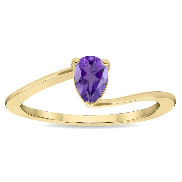 Women's Solitaire Pear Shaped Amethyst Wave Ring in 10K Yellow Gold- GRG61137AM