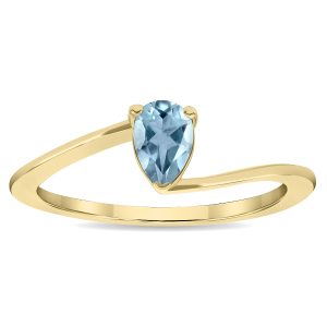 Women's Solitaire Pear Shaped Aquamarine Wave Ring in 10K Yellow Gold- GRG61137AQ
