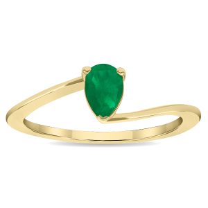 Women's Solitaire Pear Shaped Emerald Wave Ring in 10K Yellow Gold- GRG61137EM