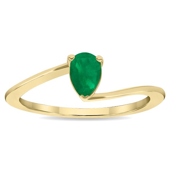 Women's Solitaire Pear Shaped Emerald Wave Ring in 10K Yellow Gold- GRG61137EM