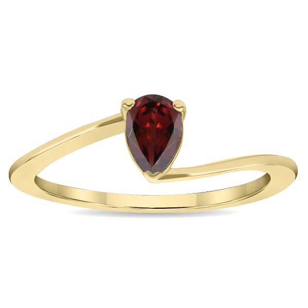 Women's Solitaire Pear Shaped Garnet Wave Ring in 10K Yellow Gold- GRG61137GT