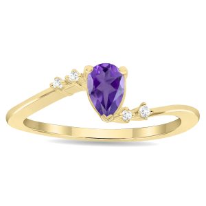 Women's Pear Shaped Amethyst and Diamond Wave Ring in 10K Yellow Gold- GRG61138AM