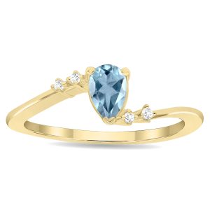 Women's Pear Shaped Aquamarine and Diamond Wave Ring in 10K Yellow Gold- GRG61138AQ
