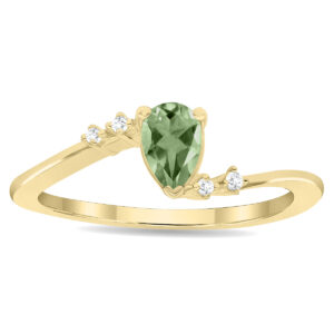Women's Pear Shaped Green Amethyst and Diamond Wave Ring in 10K Yellow Gold- GRG61138GA