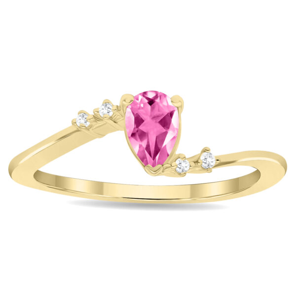 Women's Pear Shaped Pink Topaz and Diamond Wave Ring in 10K Yellow Gold- GRG61138PZ
