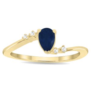 Women's Pear Shaped Sapphire and Diamond Wave Ring in 10K Yellow Gold- GRG61138SP