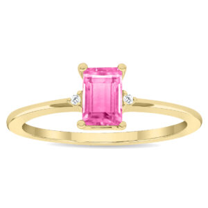 Women's Emerald Cut Pink Topaz and Diamond Classic Ring in 10K Yellow Gold- GRG61141PZ