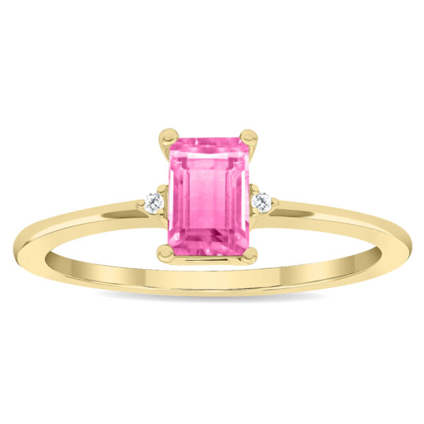 Women's Emerald Cut Pink Topaz and Diamond Classic Ring in 10K Yellow Gold- GRG61141PZ