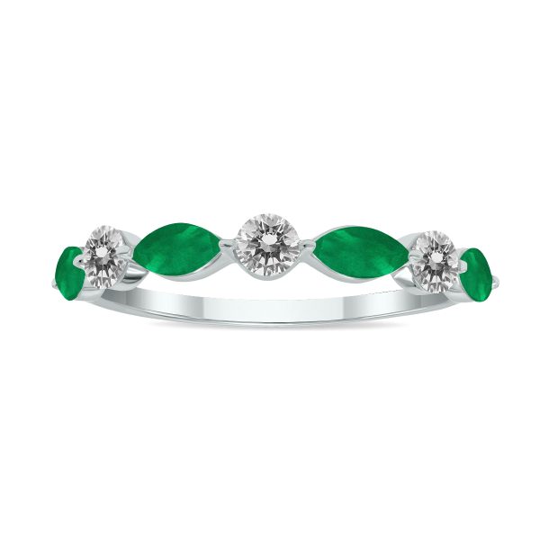 3/4 CTW Marquise Shape Emerald and Diamond Wedding Band in 10K White Gold- GRG61897EM