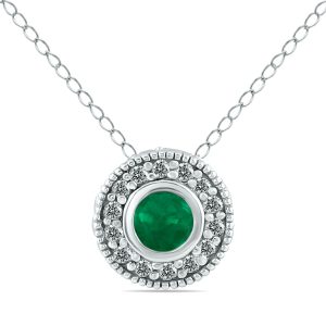 Emerald and Bezel Diamond Pendant in 10K White Gold- PDF12498EM