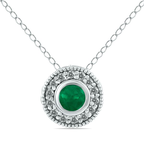 Emerald and Bezel Diamond Pendant in 10K White Gold- PDF12498EM