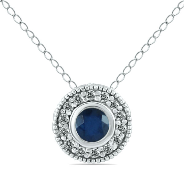 Sapphire and Bezel Diamond Pendant in 10K White Gold- PDF12498SP