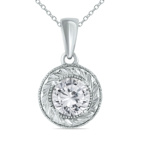 1 CTW Round Antique Engraved Natural Diamond Solitaire Pendant in 14K White Gold- PDF55078