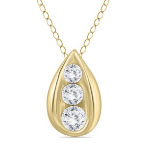 1/2 CTW Three Stone Natural Diamond Tear Drop Pendant in 14K Yellow Gold- PDF55665