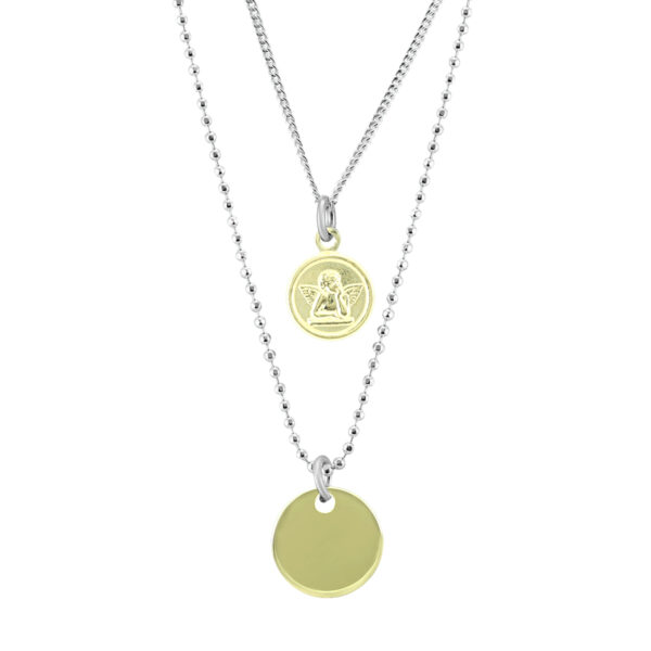 Double Chain Angel Disk Necklace in.925 Sterling Silver- PDF57228
