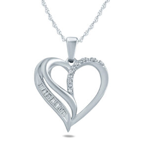 Baguette and Round Diamond Heart Pendant in 10K White Gold- PDF57556