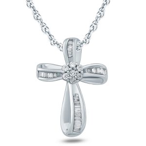 1/5 Carat TW Baguette and Round Diamond Cross Pendant in 10K White Gold- PDF57580