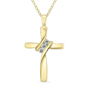 AGS Certified Three Stone Diamond Cross Pendant in 10K Yellow Gold- PDF59716
