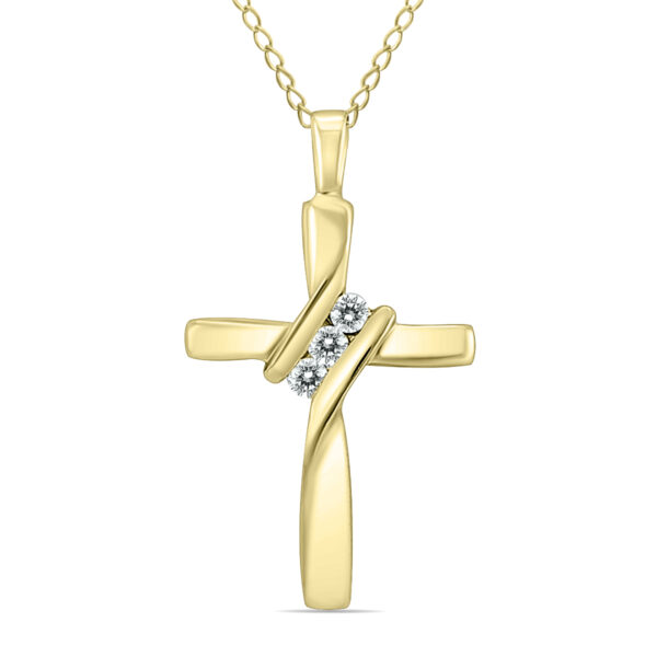 AGS Certified Three Stone Diamond Cross Pendant in 10K Yellow Gold- PDF59716