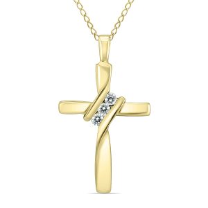 Three Stone Diamond Cross Pendant in 10K Yellow Gold- PDF59716D