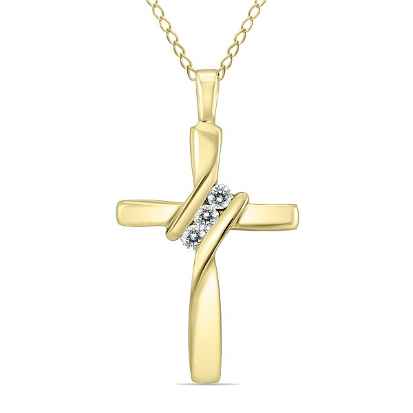 Three Stone Diamond Cross Pendant in 10K Yellow Gold- PDF59716D