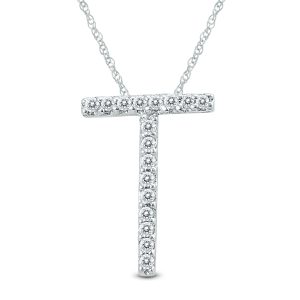 1/10 Carat TW T Initial Diamond Pendant Necklace in 10K White Gold with Adjustable Chain- PDF59920