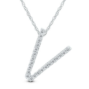 1/8 Carat TW V Initial Diamond Pendant Necklace in 10K White Gold with Adjustable Chain- PDF59922
