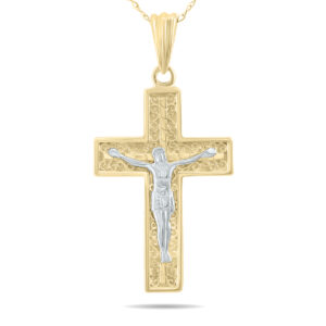 Crucifixion Cross Pendant Necklace with 18 Inch Chain in 10K Yellow Gold and White Rhodium Polish- PDF61050