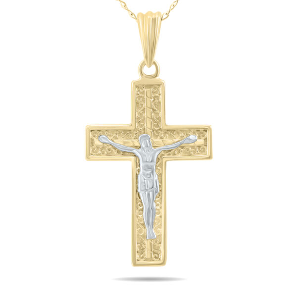 Crucifixion Cross Pendant Necklace with 18 Inch Chain in 10K Yellow Gold and White Rhodium Polish- PDF61050