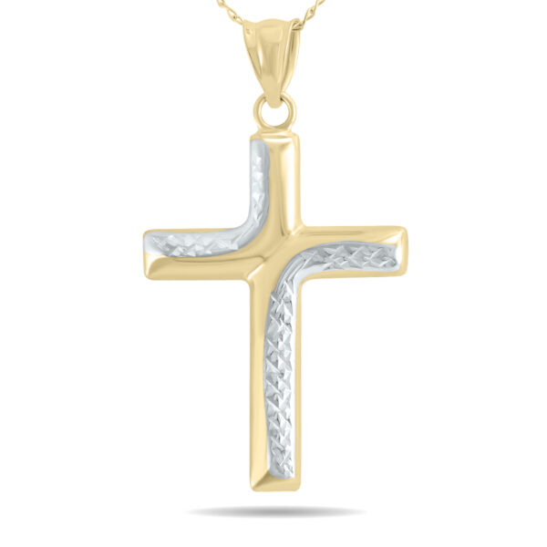 Small Cross Pendant Necklace in 10K Yellow Gold with Rhodium Polish Accents- PDF61052