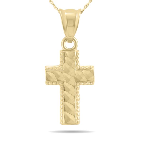 10K Yellow Gold Beaded Inlay Cross Pendant Necklace with 18 Inch Chain- PDF61053