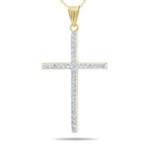 Thin Engraved Cross Pendant in 10K Yellow Gold with Rhodium Plate Finishing and 10K Yellow Gold Chain- PDF61056