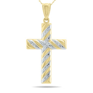 10K Gold Filled Etched Cross Pendant With White Rhodium Polish Accents- PDF61058