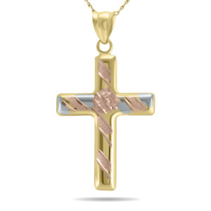 10K Yellow Gold Three-Toned Cross Dainty Religious Pendant- PDF61068